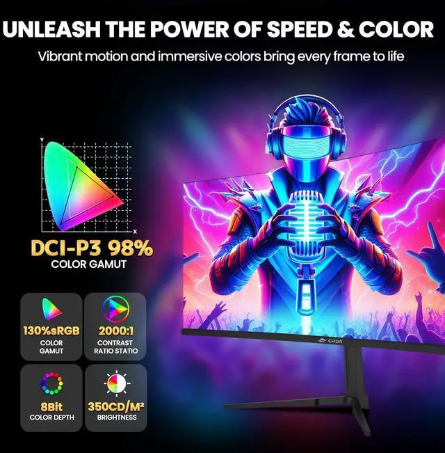 Alt view image 4 of 5 - CRUA 34" Curved Gaming Monitor, IPS WQHD(3440x1440P) 120Hz 1900R 21:9 UltraWide PC Display, 130% sRGB, AMD FreeSync, Blue Light Filter, HDMI/DP Ports, Wall Mountable Installs Black