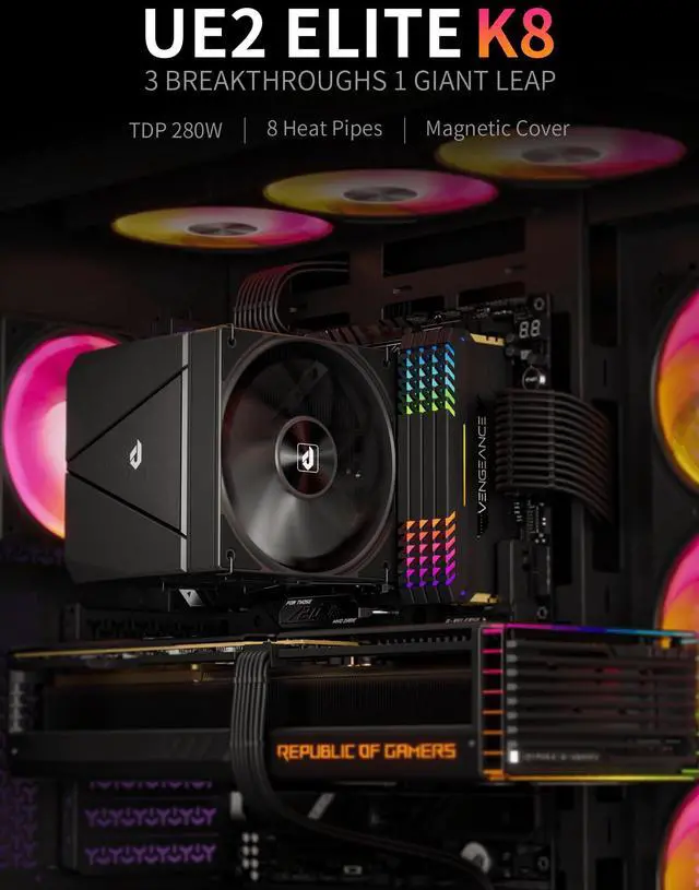 Alt view image 2 of 5 - upHere CPU Cooler Air,Dual Tower Cooler with 120mm PWM Fan,8 Heat Pipes for Intel LGA 1851/1700/2011/2066/115X,AM5/AM4/AM3,Black,UE2 Elite K8