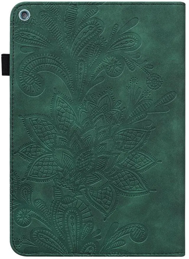 Alt view image 4 of 5 - UUcovers Fire HD 10 Case 9th/7th/5th Generation (2019/2017/2015) with Pencil Holder [Auto Sleep/Wake] Elastic Band Pocket Multi-Angle Stand Magnetic Folio PU Leather Shockproof Cover, Green Flower