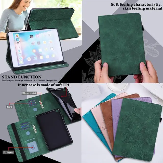 Alt view image 5 of 5 - UUcovers Fire HD 10 Case 9th/7th/5th Generation (2019/2017/2015) with Pencil Holder [Auto Sleep/Wake] Elastic Band Pocket Multi-Angle Stand Magnetic Folio PU Leather Shockproof Cover, Green Flower