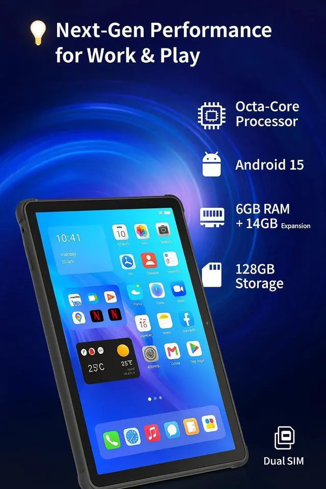 Alt view image 3 of 5 - NOBKLEN 11" Android 15 Tablet with Keyboard & Mouse, Octa-Core T615, 20GB RAM (6+14GB) +128GB, 4G LTE Phablet, 8000mAh Battery, 13MP+5MP Camera, 5G WiFi & Bluetooth 5.0, Case Included