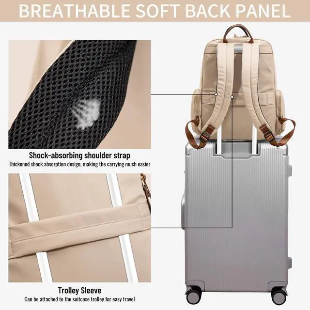 Alt view image 3 of 5 - JOLLiWAVE Fashion Backpack for Women, Chic Daypack with Stylish Gold-Tone Hardware, Minimalist Lightweight Water-Resistant Nylon Travel Bag, Casual Rucksack for Everyday Use (Beige)