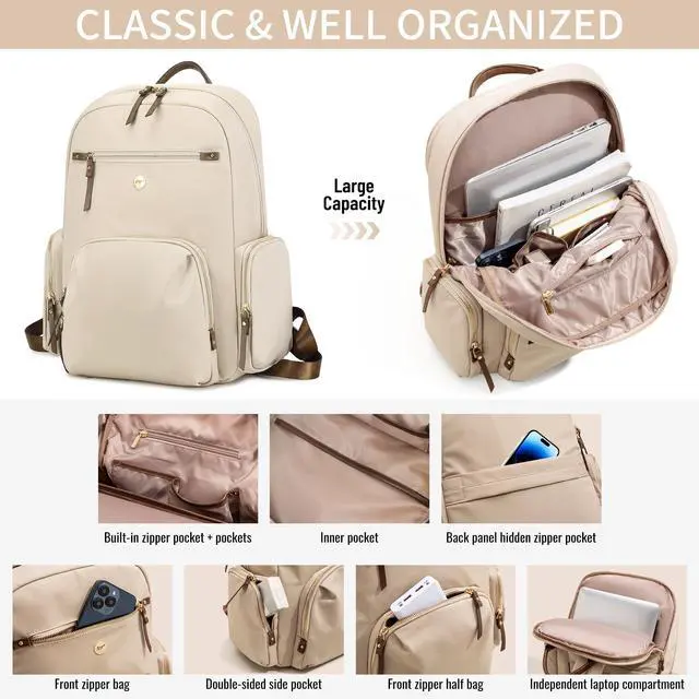 Alt view image 2 of 5 - JOLLiWAVE Fashion Backpack for Women, Chic Daypack with Stylish Gold-Tone Hardware, Minimalist Lightweight Water-Resistant Nylon Travel Bag, Casual Rucksack for Everyday Use (Beige)