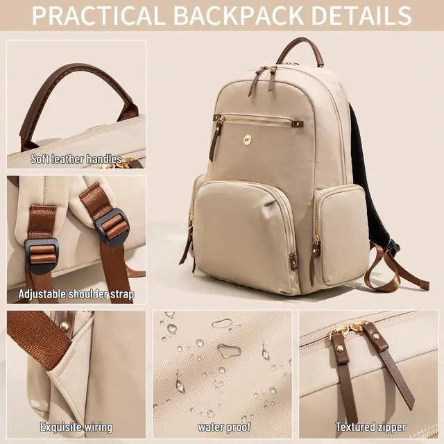Alt view image 4 of 5 - JOLLiWAVE Fashion Backpack for Women, Chic Daypack with Stylish Gold-Tone Hardware, Minimalist Lightweight Water-Resistant Nylon Travel Bag, Casual Rucksack for Everyday Use (Beige)