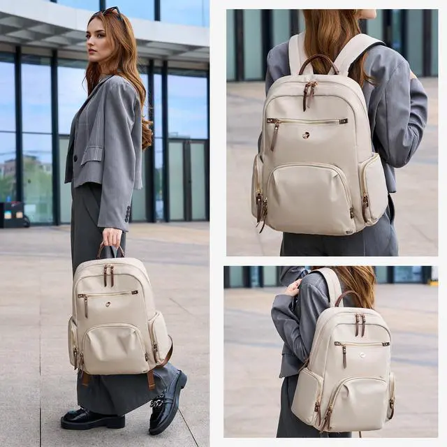 Alt view image 5 of 5 - JOLLiWAVE Fashion Backpack for Women, Chic Daypack with Stylish Gold-Tone Hardware, Minimalist Lightweight Water-Resistant Nylon Travel Bag, Casual Rucksack for Everyday Use (Beige)