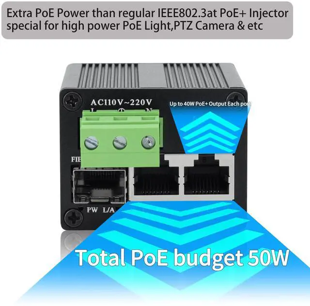 Alt view image 2 of 5 - BinLeeVision 50W Industrial Mini Ethernet PoE+ Injector, 2 Ports Gigabit PoE+ Switch,High PoE+ 40W Each Port,IEEE802.3at/802.3af Compliant,Plug & Play, Wall Mount & Din Rail Mount(40W)