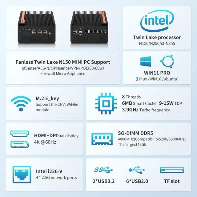 Alt view image 3 of 5 - oaknode Mini PC N355 NAS 5 M.2 Nvme Pocket NAS Small PC,4X2.5GbE LAN Mirco Desktop Computer 2HD 4K@60HZ,Router/QNAS/Firewall DDR5 for Office Business (Bareboen, N355)
