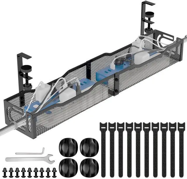 Main image of Under Desk Cable Management Tray, No Drill Steel Desk Cable Organizers, Wire Management Tray Cable Management Rack (24.4" Length-Black)