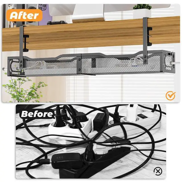 Alt view image 4 of 5 - Under Desk Cable Management Tray, No Drill Steel Desk Cable Organizers, Wire Management Tray Cable Management Rack (24.4" Length-Black)