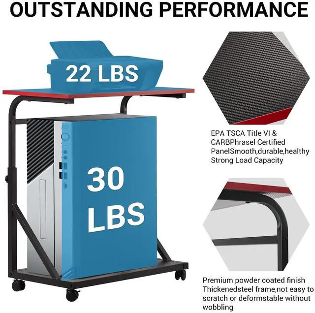 Alt view image 5 of 5 - FUSLITE Ergonomic Height Adjustable Computer Tower Stand, 2-Tier CPU Holder Cart Under Desk, PC Floor Stand for Office Gaming Black and RED