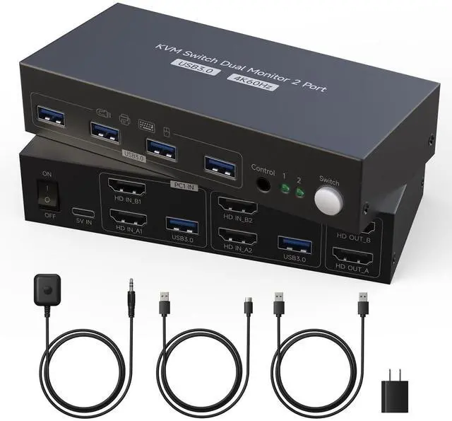 Main image of HDMI KVM Switch 2 Monitors 2 Computers 4K60Hz with 4 USB 3.0 Dual Monitor for Dual PC or Laptops Share 1 Set of Keyboard Mouse Printer with EDID Adaptive, 2*USB Cables, 1*Power Adapter and Controller