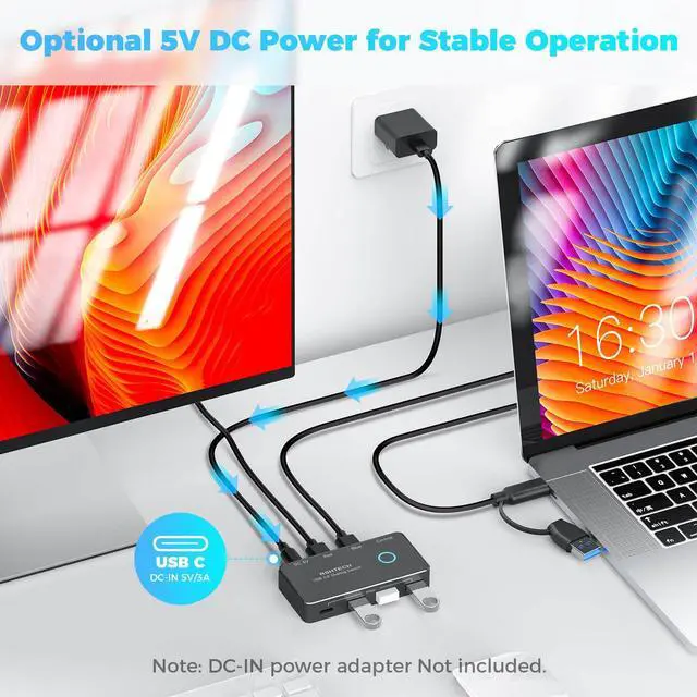 Alt view image 5 of 5 - RSHTECH USB 3.0/USB C Switch 2 Computers Share 4 USB 3.0 Data Ports(3 USB-A+1 USB-C), USB Switcher Selector with 2 Cables and Controller for PC Laptop Keyboard Mouse and Printer