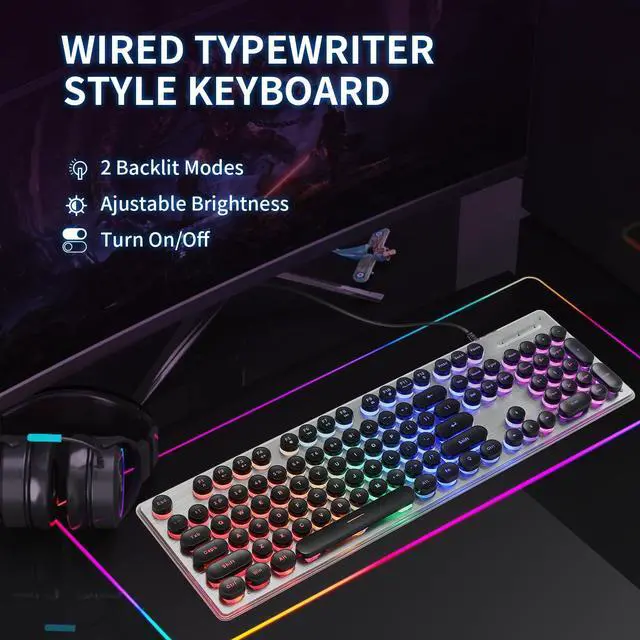 Alt view image 2 of 5 - ANSWK Typewriter Style Keyboard with Metal Panel, Rainbow LED Backlit, Round Keys, Anti-ghosting, Spill Resistant, Light Up USB Wired Retro 104 Keys for Office,Gaming, Black/Silver