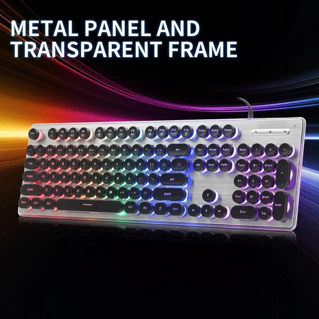 Alt view image 4 of 5 - ANSWK Typewriter Style Keyboard with Metal Panel, Rainbow LED Backlit, Round Keys, Anti-ghosting, Spill Resistant, Light Up USB Wired Retro 104 Keys for Office,Gaming, Black/Silver