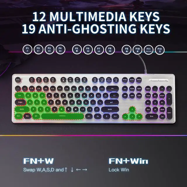 Alt view image 5 of 5 - ANSWK Typewriter Style Keyboard with Metal Panel, Rainbow LED Backlit, Round Keys, Anti-ghosting, Spill Resistant, Light Up USB Wired Retro 104 Keys for Office,Gaming, Black/Silver