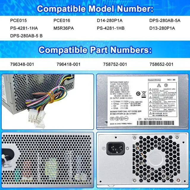 Alt view image 2 of 5 - Upgraded PCE015 796348-001 280W Power Supply 796418-001 PSU Compatible with HP Desktop 600 680 800 880 G2 TWR Switching Power Supply,D14-280P1A DPS-280AB-5A PS-4281-1HA M5R36PA PCE016 Power Supply