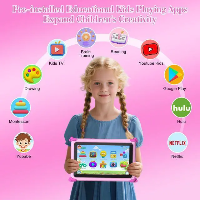 Alt view image 2 of 5 - Kids Tablet 7 inch Tablets for Kids 3-7 32GB Toddler Tablet with Stand Case, IPS Touch Screen, Parental Control, WiFi, GMS, YouTube Educational Baby Child Learning Tablets for Boys Girls (Pink)