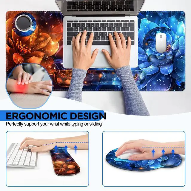 Alt view image 3 of 4 - AIMSA Desk Mat Set, Large Gaming Mouse Pad with Wrist Rest, Ergonomic Mouse Pad and Keyboard Mat Wrist Support for Home Office Desk Accessories Decor -Fire and Ice Flower