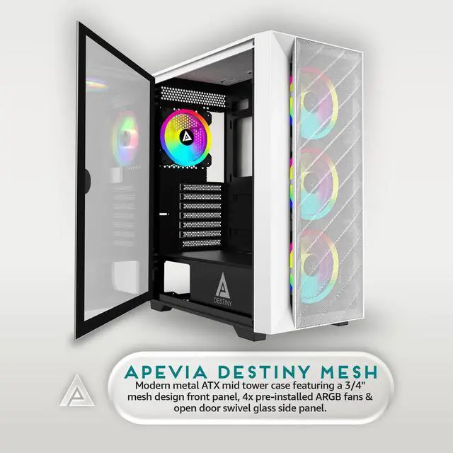 Alt view image 2 of 4 - Apevia Destiny-MESH-WH Destiny Mesh Mid Tower Gaming PC Case w/ 4X 120mm ARGB Fans, 366 RGB Light Modes, 1x Metal Mesh Front Panel, 1x Door Swivel Style Magnetic Glass Side Panel, 2X USB3.0, White