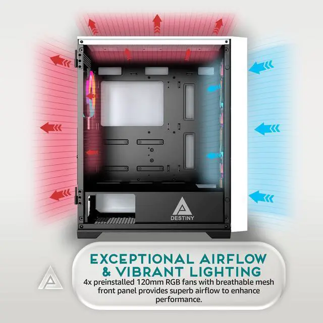 Alt view image 3 of 4 - Apevia Destiny-MESH-WH Destiny Mesh Mid Tower Gaming PC Case w/ 4X 120mm ARGB Fans, 366 RGB Light Modes, 1x Metal Mesh Front Panel, 1x Door Swivel Style Magnetic Glass Side Panel, 2X USB3.0, White