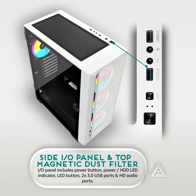Alt view image 4 of 4 - Apevia Destiny-MESH-WH Destiny Mesh Mid Tower Gaming PC Case w/ 4X 120mm ARGB Fans, 366 RGB Light Modes, 1x Metal Mesh Front Panel, 1x Door Swivel Style Magnetic Glass Side Panel, 2X USB3.0, White