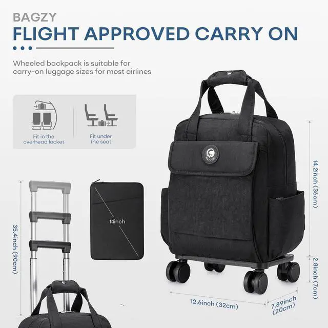 Alt view image 4 of 5 - BAGZY 25L Rolling Backpack Waterproof Rolling Teacher Bag with Laptop Compartment Travel Backpack with Wheels Laptop Bag with Wheels Rollings Briefcase for Women Men Blue Flowers