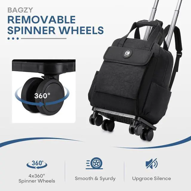 Alt view image 3 of 5 - BAGZY 25L Rolling Backpack Waterproof Rolling Teacher Bag with Laptop Compartment Travel Backpack with Wheels Laptop Bag with Wheels Rollings Briefcase for Women Men Blue Flowers