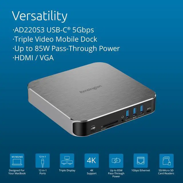 Alt view image 4 of 5 - Kensington AD220S3 Dual Display Dock for Any MacBook M1/M2/M3/M4 (Software Driver Download Required); 85W Passthrough Charging (K31343WW)