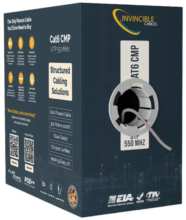 Main image of Cat6 Plenum Cable 1000ft | 0.57mm 100% Pure Copper, 550MHz 23AWG UTP | DSX-8000 Analyzer Tested Up to 100m | 10Gb, PoE++ | Industrys Most Certified Cable | Available in 7 Colors (Grey)