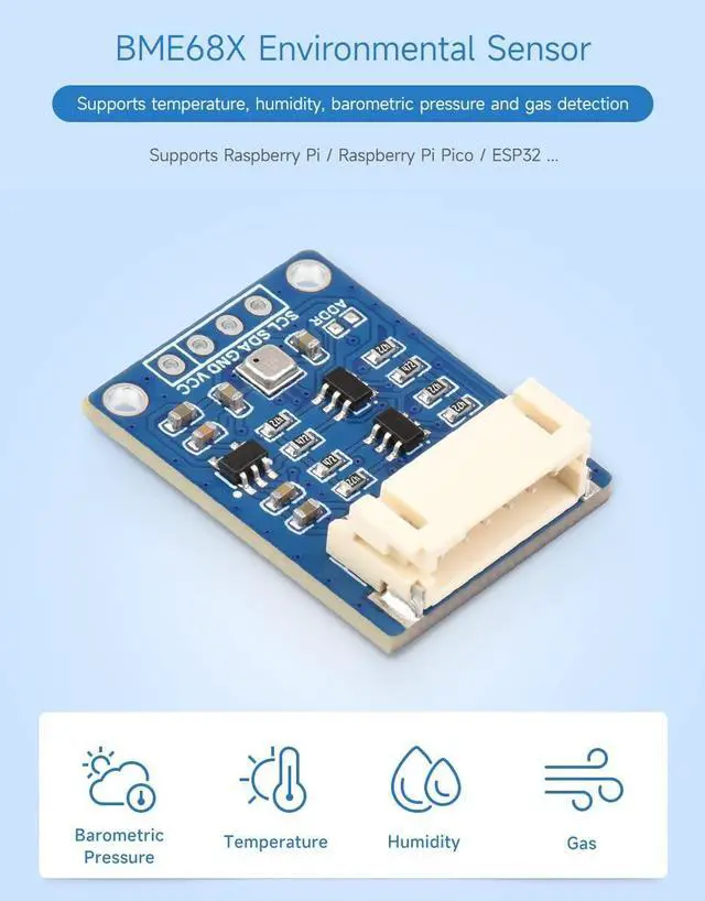 Alt view image 3 of 5 - Waveshare BME688 Environmental Sensor, Compatible with Raspberry Pi 5/4B/3B/Zero/Zero W/Zero 2W/Pico/Pico W/Pico WH, Supports Temperature/Humidity/Barometric Pressure/Gas Detection
