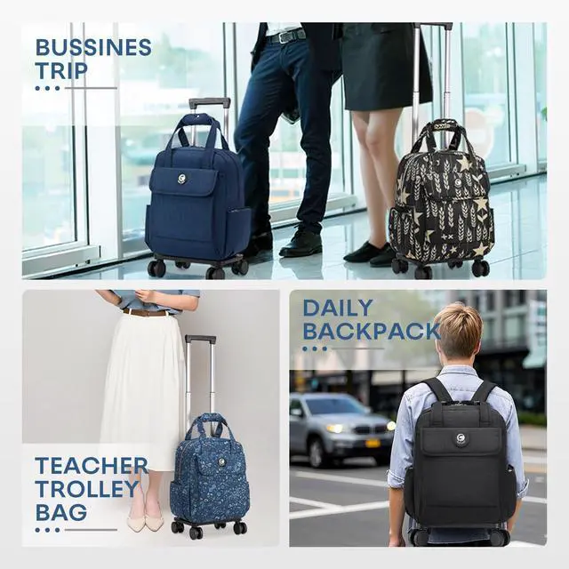 Alt view image 2 of 5 - BAGZY 25L Rolling Backpack Waterproof Rolling Teacher Bag with Laptop Compartment Travel Backpack with Wheels Laptop Bag with Wheels Rollings Briefcase for Women Men Blue Flowers