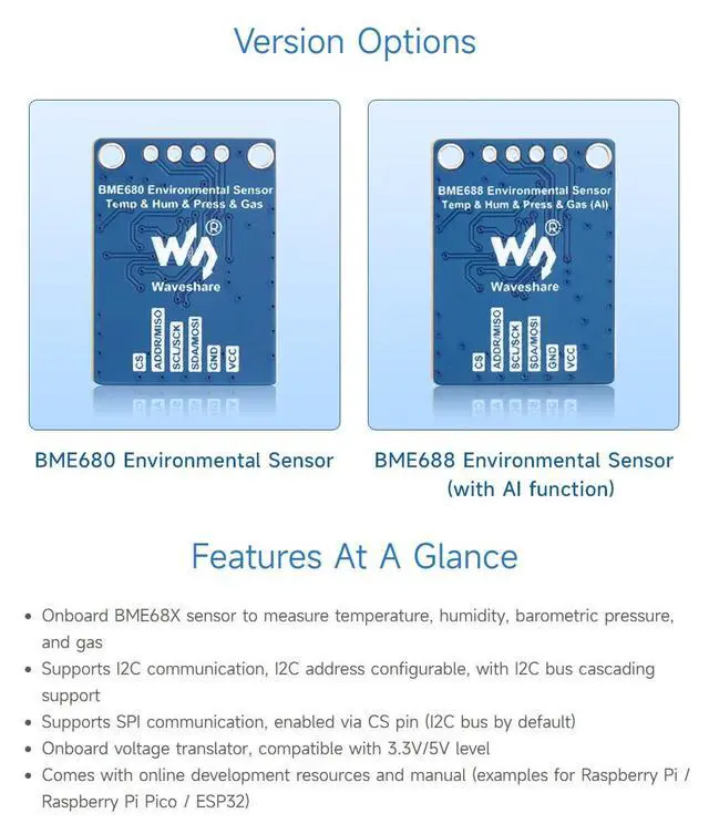 Alt view image 4 of 5 - Waveshare BME688 Environmental Sensor, Compatible with Raspberry Pi 5/4B/3B/Zero/Zero W/Zero 2W/Pico/Pico W/Pico WH, Supports Temperature/Humidity/Barometric Pressure/Gas Detection