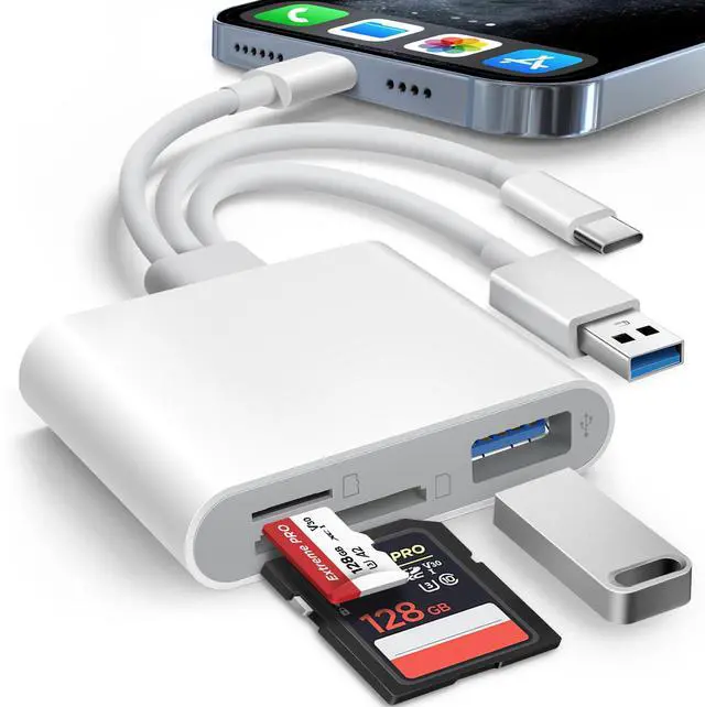 Main image of AkHolz SD Card Reader for iPhone iPad Mac Trail Game Camera Viewer Built-in 3-in-1 Connector (Lightening, USB-C and USB-A) with SD MicroSD USB-A 3 Slots, Portable No App Required Plug & Play - White