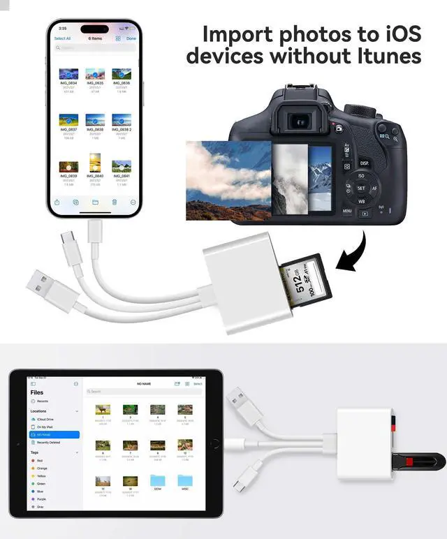Alt view image 4 of 5 - AkHolz SD Card Reader for iPhone iPad Mac Trail Game Camera Viewer Built-in 3-in-1 Connector (Lightening, USB-C and USB-A) with SD MicroSD USB-A 3 Slots, Portable No App Required Plug & Play - White