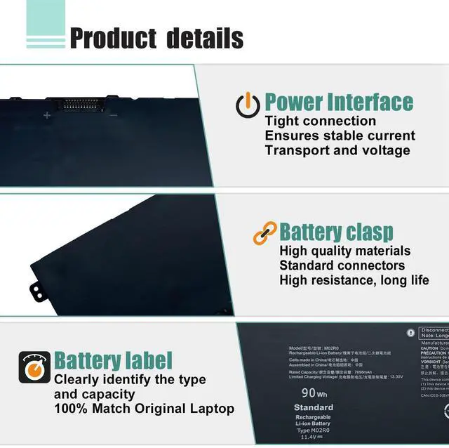 Alt view image 4 of 5 - BOWEIRUI 90Wh 6-Cell M02R0 HP26N Laptop Battery Replacement for Alienware x16 R1 R2 Serie M02R0 MO2R0 HP26N 0MRWR6 11.55V 7792mAh 6-Cell