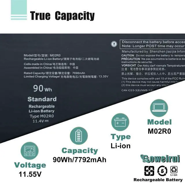 Alt view image 3 of 5 - BOWEIRUI 90Wh 6-Cell M02R0 HP26N Laptop Battery Replacement for Alienware x16 R1 R2 Serie M02R0 MO2R0 HP26N 0MRWR6 11.55V 7792mAh 6-Cell