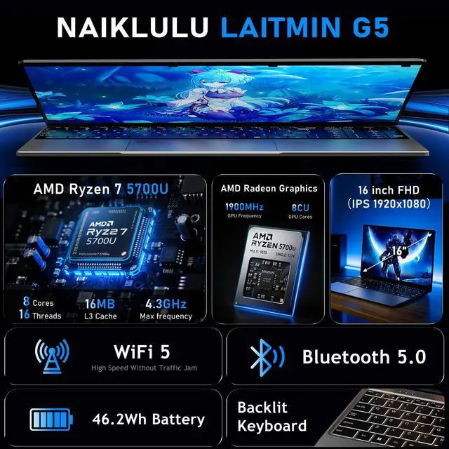 Alt view image 2 of 5 - NAIKLULU Gaming Laptop, 15.6 Inch Lap Top Computer 2025, Win 11 Pro, Ryzen 7 5700U Processor, 32GB RAM 1T SSD, Backlit Keyboard, FHD Display 1920 * 1080P, WiFi 5, HDMI, for Student, Office, Business