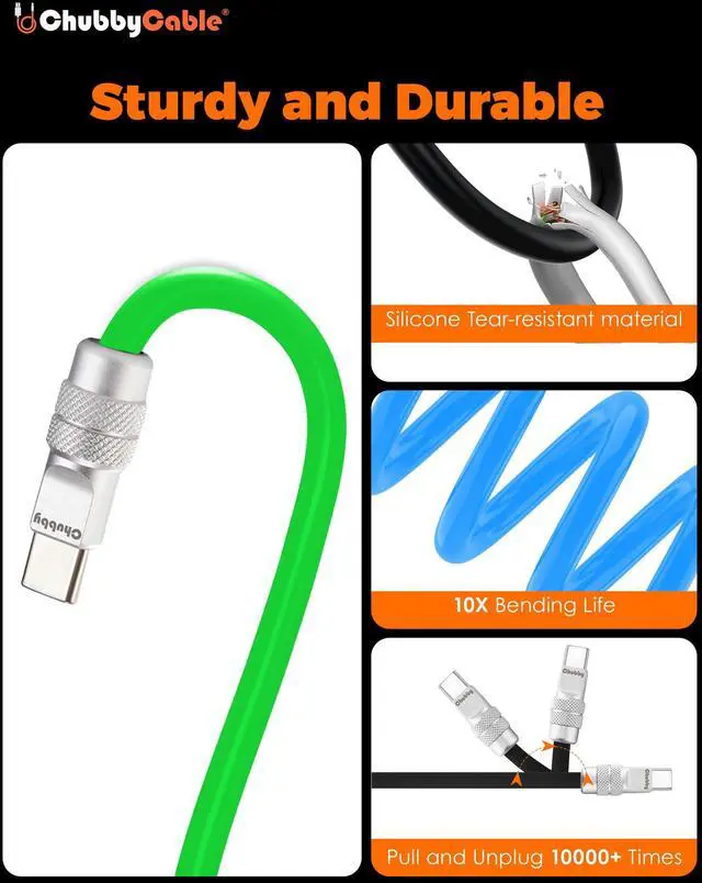 Alt view image 5 of 5 - chubbycable Couple Chubby 2-Pack 120W USB C Cable Extra Thick Silicone Fast Charging Cable Compatible with iPhone 17-15 Series iPad Galaxy Series, Blue+Green, USB-A to Type-C, 19.6FT