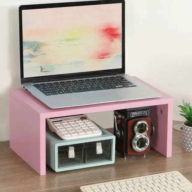 Alt view image 2 of 5 - TEAMIX Pink Monitor Stand Riser-6.7 inch, Wood Higher Monitor Riser with Storage for Desk, Laptop Riser Computer PC Stand for Desktop Workspace Home Office(Pink-Higher)