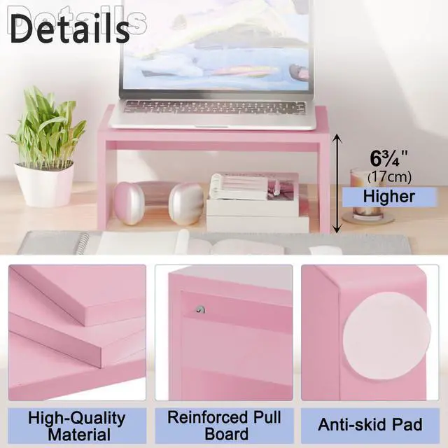 Alt view image 5 of 5 - TEAMIX Pink Monitor Stand Riser-6.7 inch, Wood Higher Monitor Riser with Storage for Desk, Laptop Riser Computer PC Stand for Desktop Workspace Home Office(Pink-Higher)