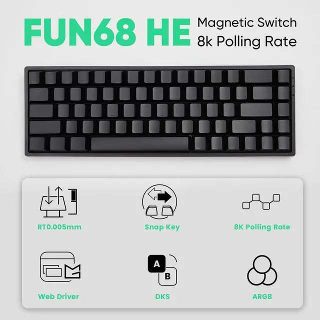 Alt view image 2 of 5 - MONSGEEK FUN68 Rapid Trigger Gaming Keyboard 8k SP HE Tri-Mode 65% Black Keyboard, Flash Magnetic Switch