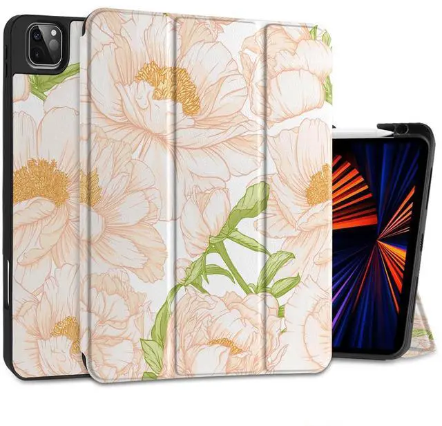 Main image of Yebiseven for M2/M1 iPad Pro 12.9 inch Case 6th/5th/4th/3rd Gen 2022 2021 2020 2018, Shockproof Tablet Case with Pencil Holder & Trifold Stand & Soft TPU Back Cover, Pastel Peony