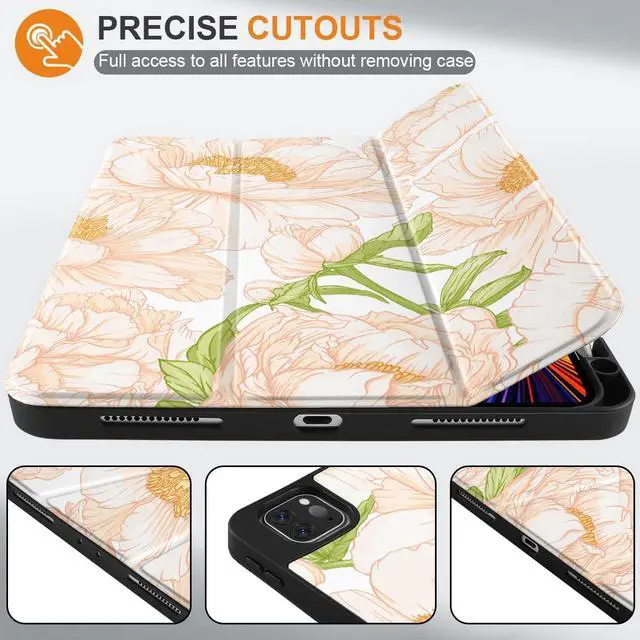 Alt view image 3 of 5 - Yebiseven for M2/M1 iPad Pro 12.9 inch Case 6th/5th/4th/3rd Gen 2022 2021 2020 2018, Shockproof Tablet Case with Pencil Holder & Trifold Stand & Soft TPU Back Cover, Pastel Peony