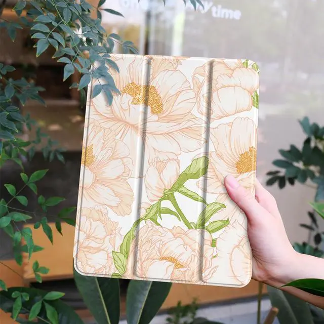 Alt view image 2 of 5 - Yebiseven for M2/M1 iPad Pro 12.9 inch Case 6th/5th/4th/3rd Gen 2022 2021 2020 2018, Shockproof Tablet Case with Pencil Holder & Trifold Stand & Soft TPU Back Cover, Pastel Peony