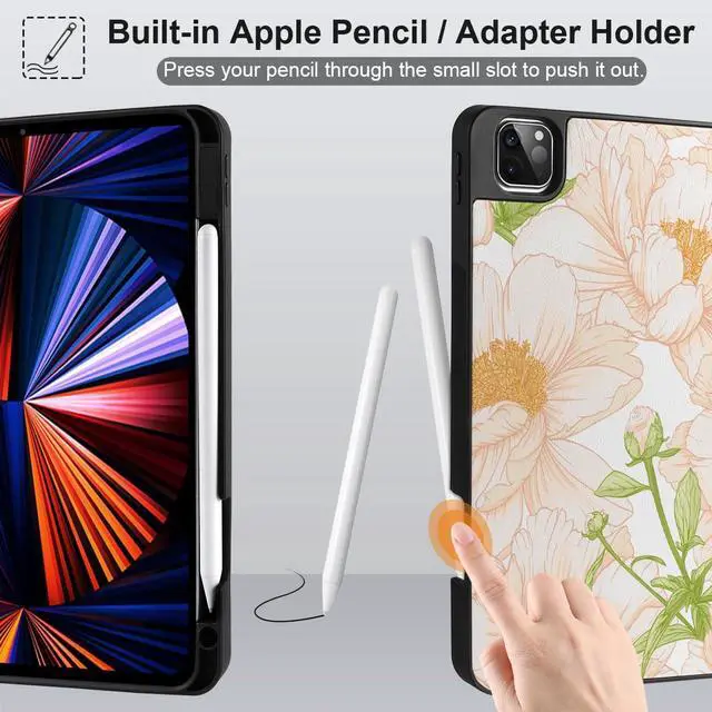 Alt view image 4 of 5 - Yebiseven for M2/M1 iPad Pro 12.9 inch Case 6th/5th/4th/3rd Gen 2022 2021 2020 2018, Shockproof Tablet Case with Pencil Holder & Trifold Stand & Soft TPU Back Cover, Pastel Peony