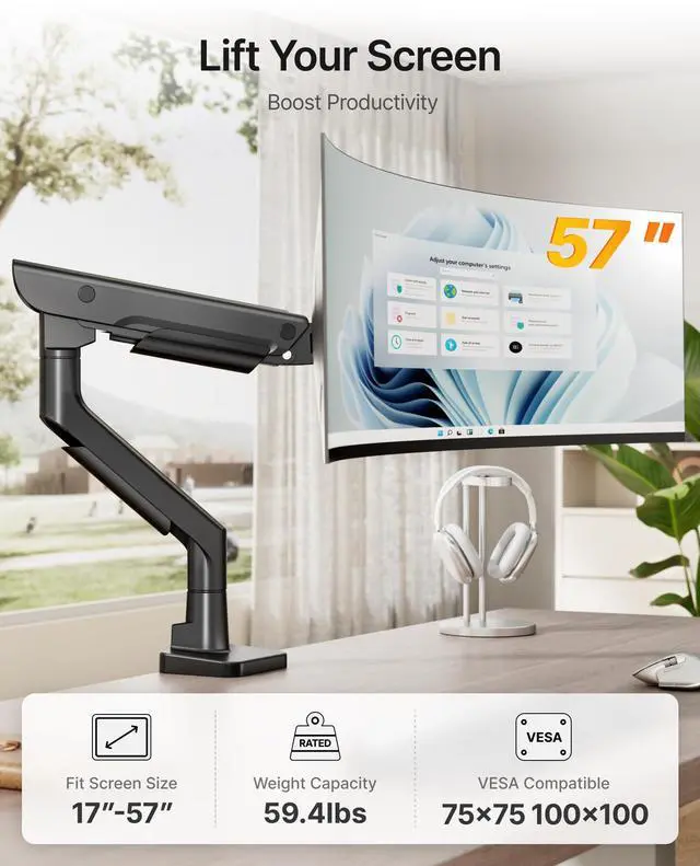 Alt view image 3 of 5 - monTEK Sleek Aluminum Monitor Arm for 1757 Ultrawide Screens up to 59 lbs, Heavy Duty Single Monitor Arm Desk Mount, Pneumatic Lift, Quick-Release Plate, Clamp/Grommet, Max VESA 100x100