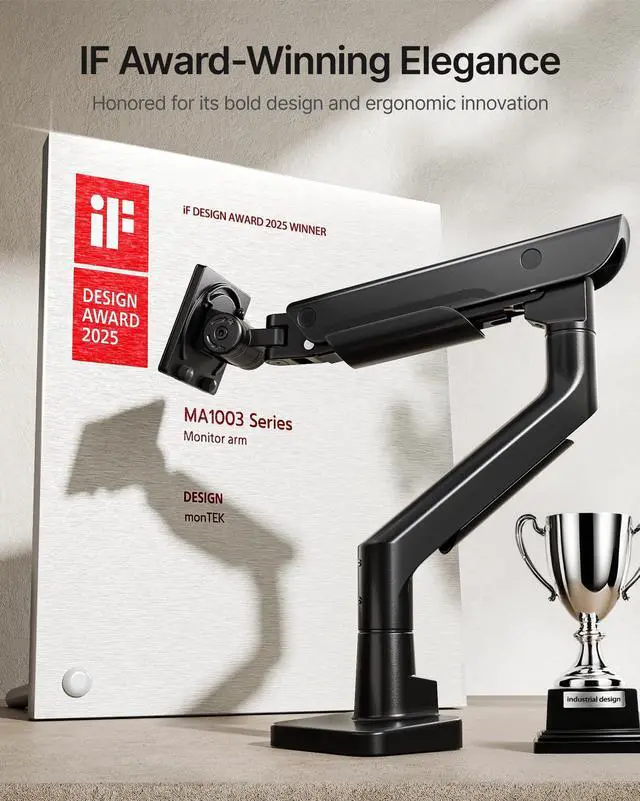 Alt view image 2 of 5 - monTEK Sleek Aluminum Monitor Arm for 1757 Ultrawide Screens up to 59 lbs, Heavy Duty Single Monitor Arm Desk Mount, Pneumatic Lift, Quick-Release Plate, Clamp/Grommet, Max VESA 100x100