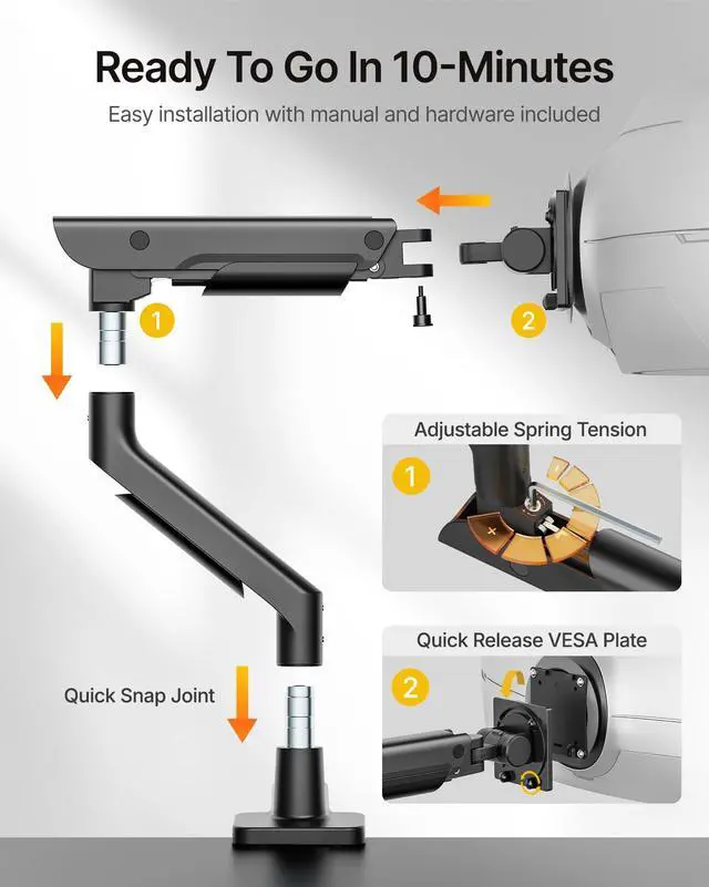 Alt view image 5 of 5 - monTEK Sleek Aluminum Monitor Arm for 1757 Ultrawide Screens up to 59 lbs, Heavy Duty Single Monitor Arm Desk Mount, Pneumatic Lift, Quick-Release Plate, Clamp/Grommet, Max VESA 100x100