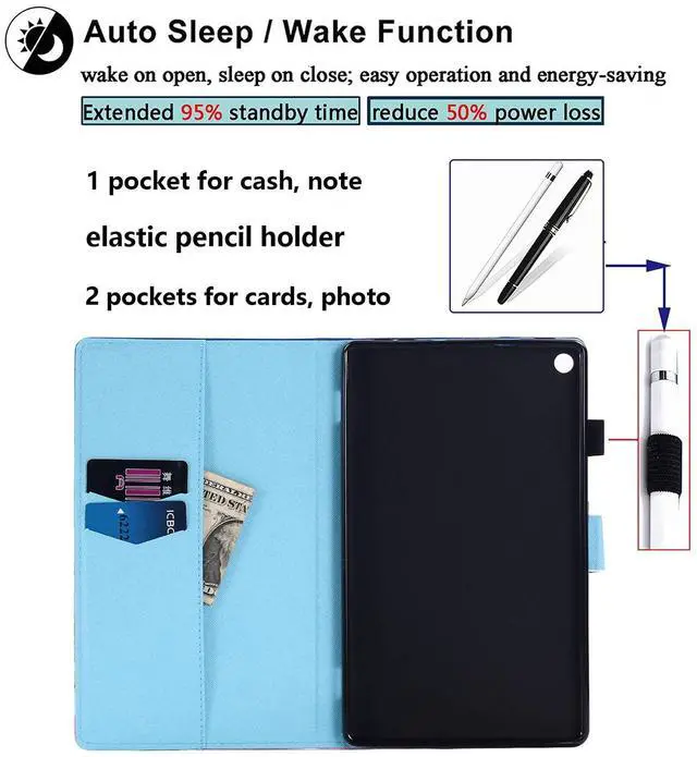 Alt view image 5 of 5 - UUcovers 8" Kindle Fire HD 8 Tablet 8th/7th/6th Generation Case 2018/2017/2016 with Pencil Cards Holder Folio Stand [Auto Wake/Sleep] Magnetic Smart PU Leather TPU Shockproof Cover, Watercolor Flower