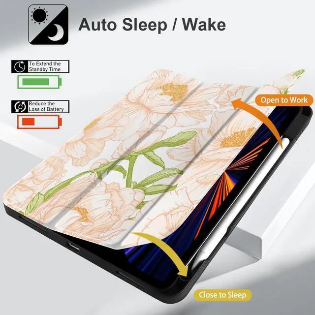 Alt view image 5 of 5 - Yebiseven for M2/M1 iPad Pro 12.9 inch Case 6th/5th/4th/3rd Gen 2022 2021 2020 2018, Shockproof Tablet Case with Pencil Holder & Trifold Stand & Soft TPU Back Cover, Pastel Peony